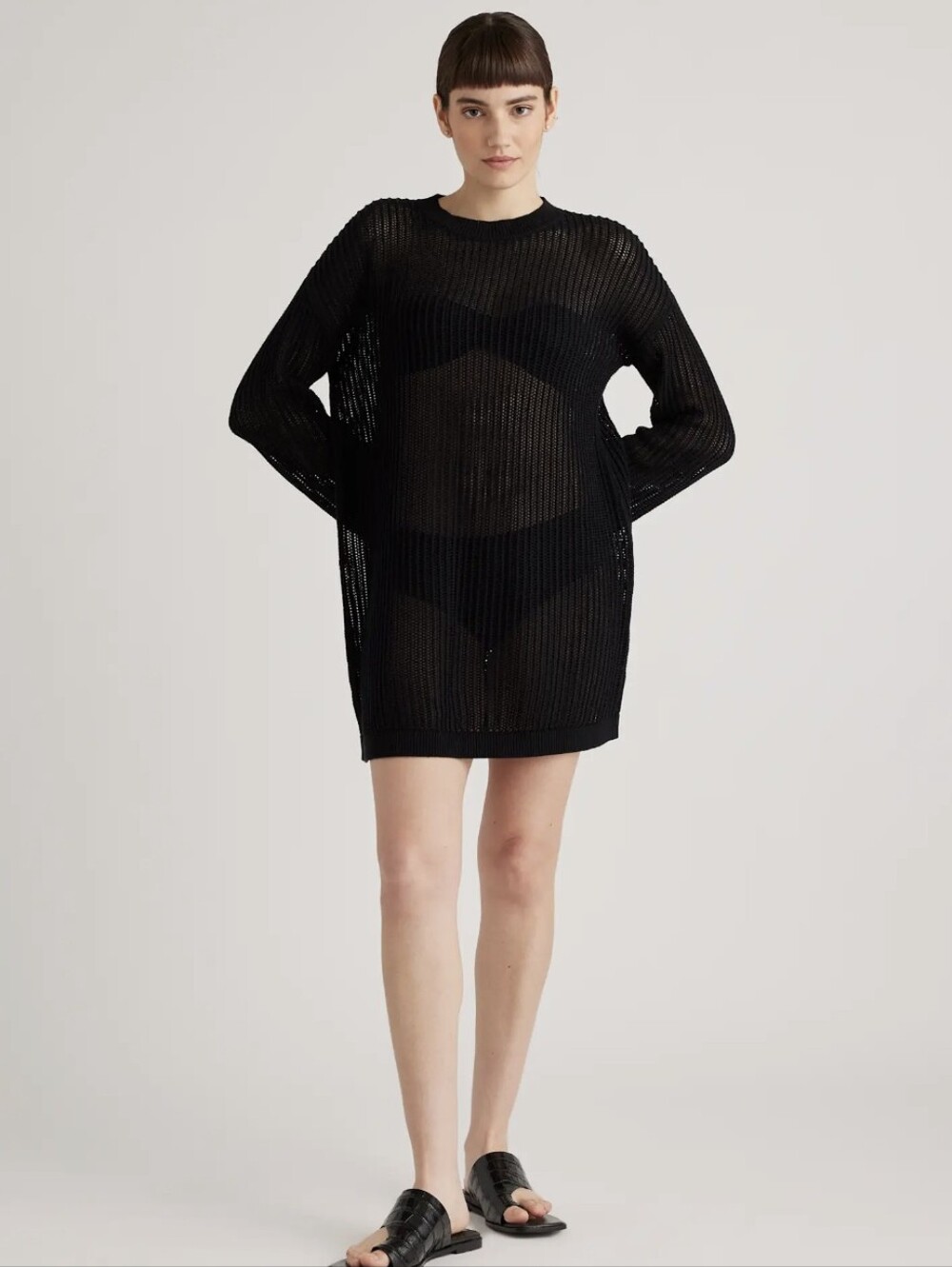 Quince Black Open Knit Long Sleeve Cover-up Mini Dress - M